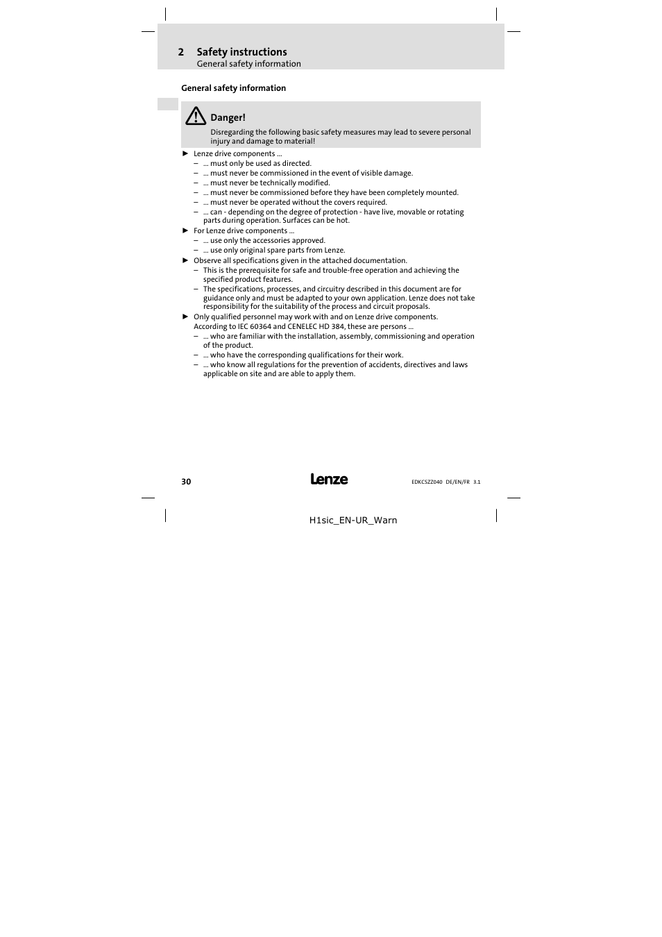 2 safety instructions, General safety information, Safety instructions | Lenze ECSZZxxxxxx User Manual | Page 30 / 68