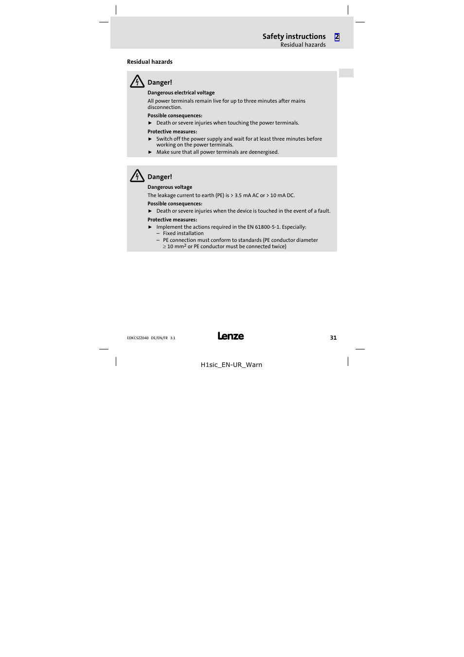 Residual hazards | Lenze ECSZZxxxxxx User Manual | Page 31 / 68