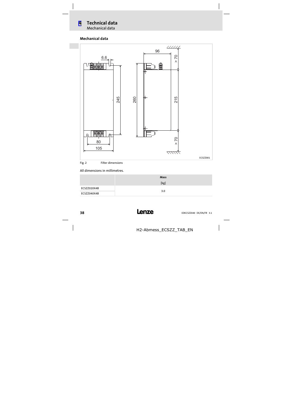 Mechanical data | Lenze ECSZZxxxxxx User Manual | Page 38 / 68