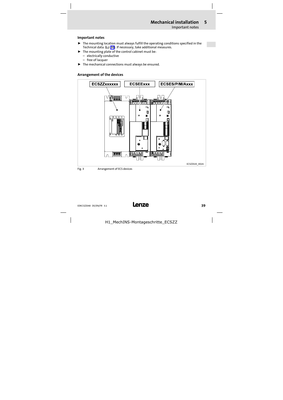 5 mechanical installation, Important notes, Arrangement of the devices | Mechanical installation | Lenze ECSZZxxxxxx User Manual | Page 39 / 68