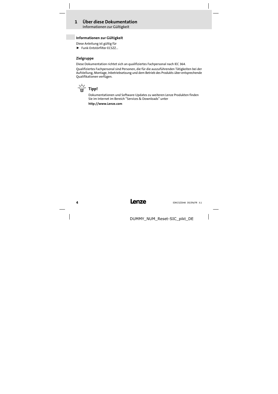 1 über diese dokumentation, Informationen zur gültigkeit, Zielgruppe | Über diese dokumentation, Zielgruppe 4 | Lenze ECSZZxxxxxx User Manual | Page 4 / 68