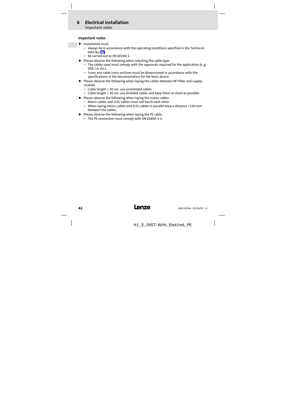 6 electrical installation, Important notes, Electrical installation | 6electrical installation | Lenze ECSZZxxxxxx User Manual | Page 42 / 68