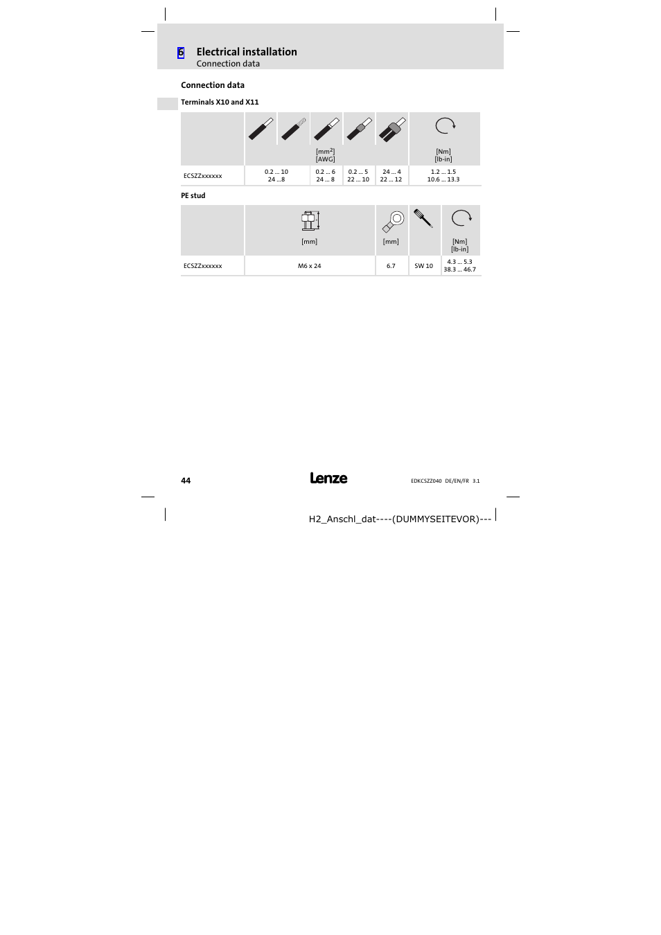 Connection data, 6electrical installation | Lenze ECSZZxxxxxx User Manual | Page 44 / 68
