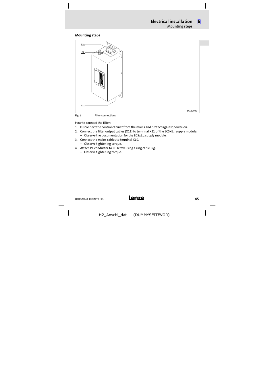 Mounting steps, Electrical installation | Lenze ECSZZxxxxxx User Manual | Page 45 / 68