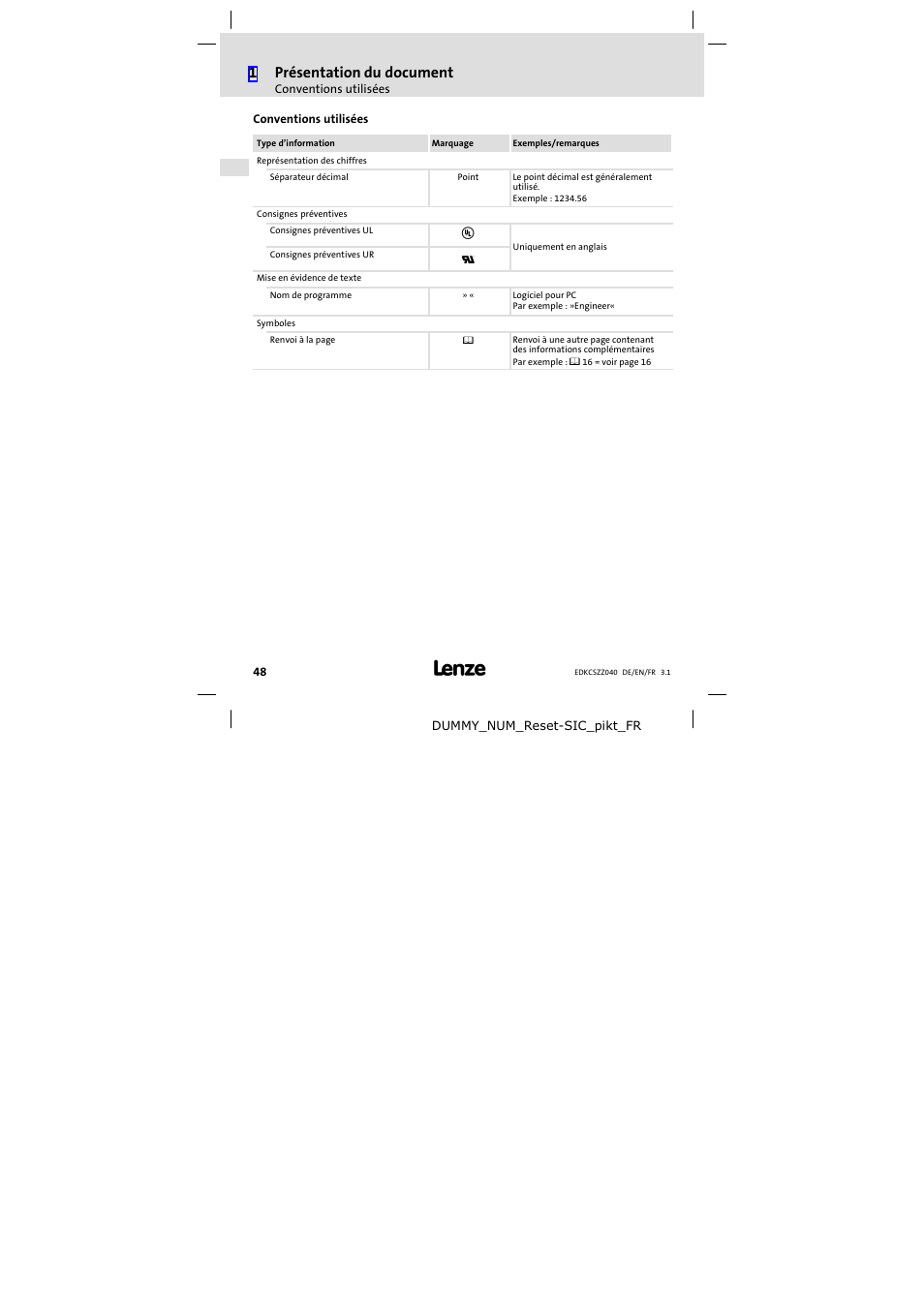 Conventions utilisées, 1présentation du document | Lenze ECSZZxxxxxx User Manual | Page 48 / 68
