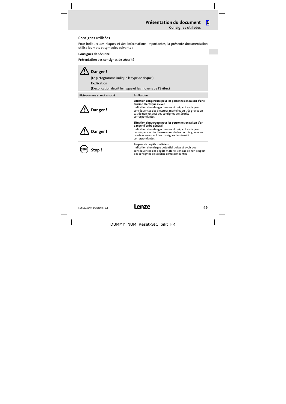 Consignes utilisées | Lenze ECSZZxxxxxx User Manual | Page 49 / 68