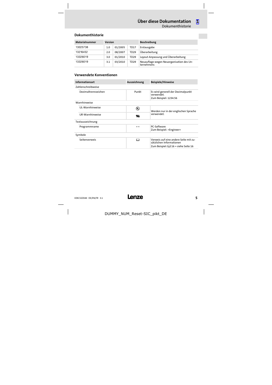 Dokumenthistorie, Verwendete konventionen, Über diese dokumentation | Lenze ECSZZxxxxxx User Manual | Page 5 / 68