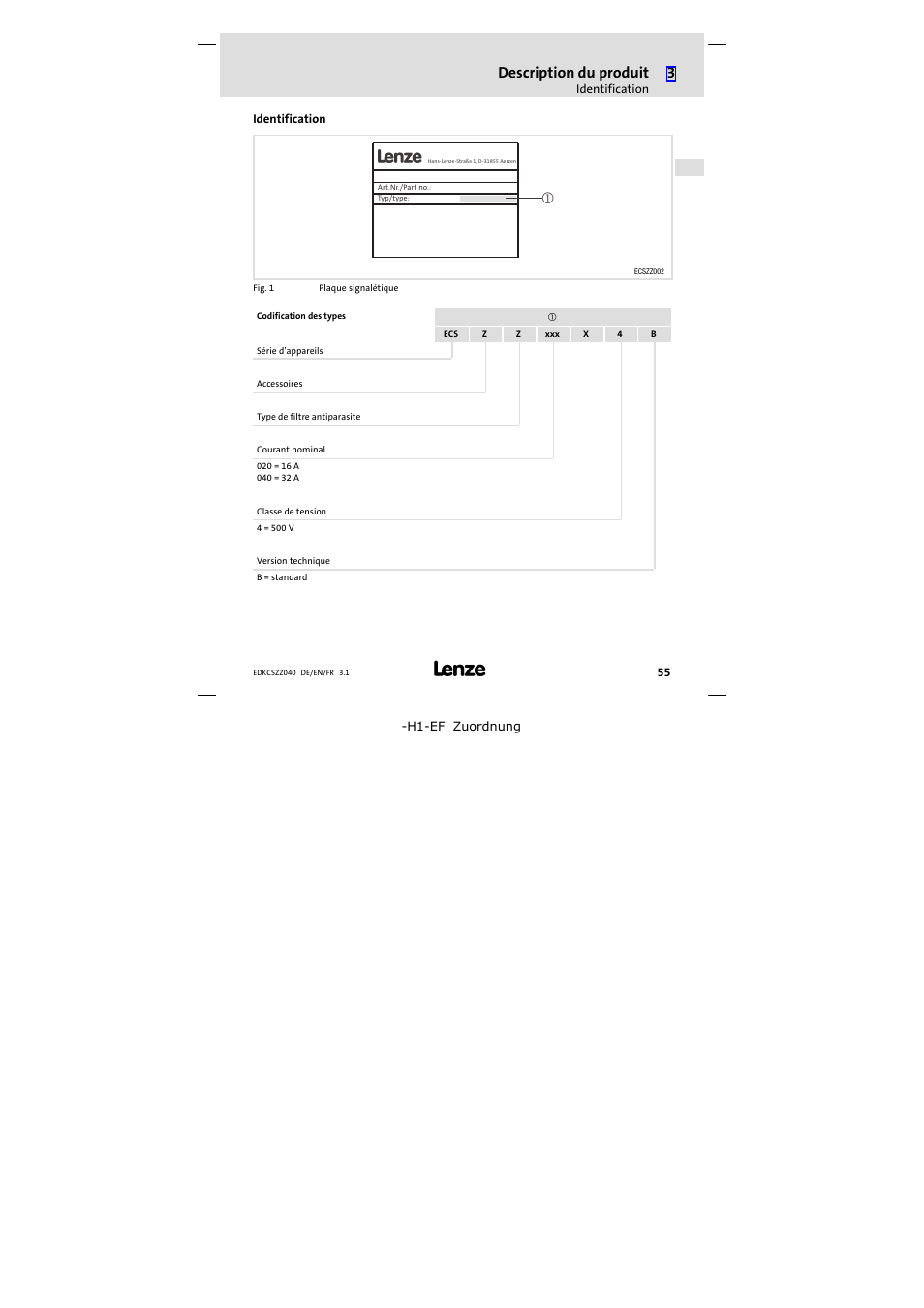 Identification, Description du produit | Lenze ECSZZxxxxxx User Manual | Page 55 / 68