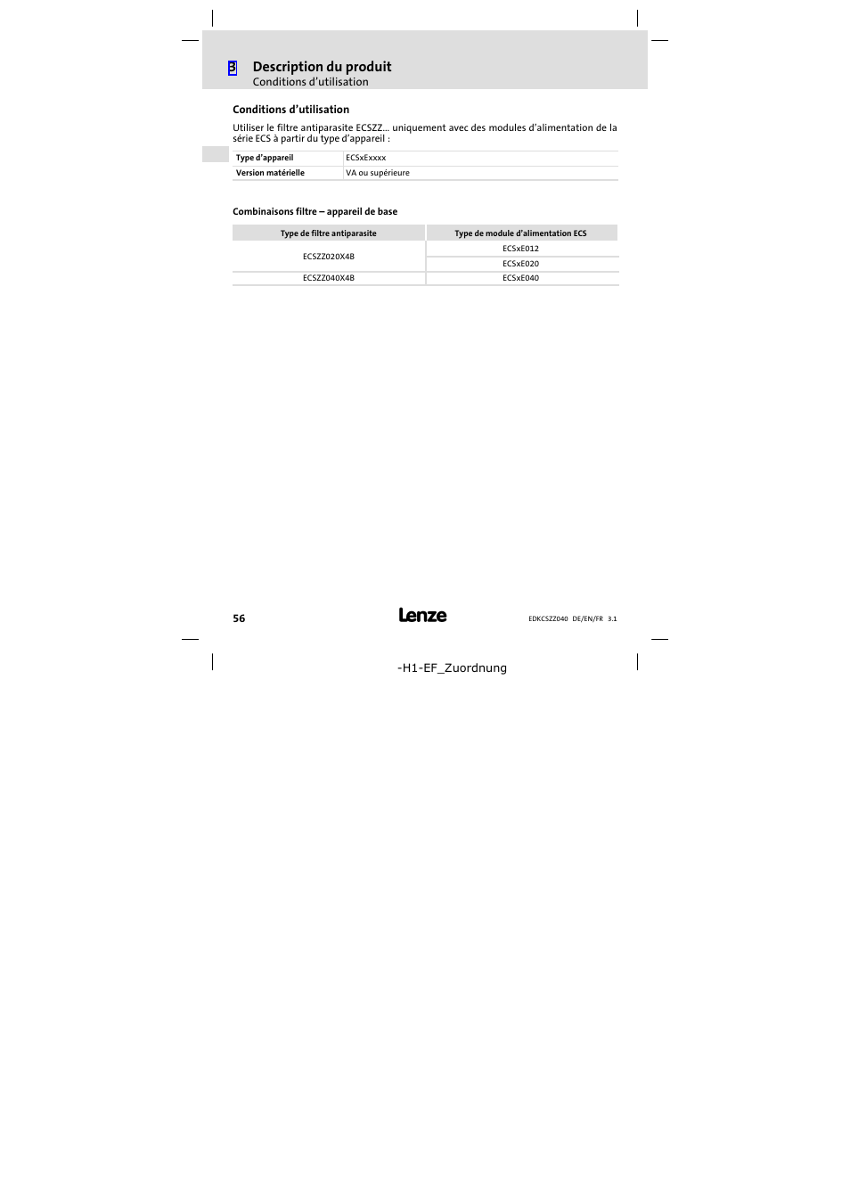 Conditions d'utilisation, Conditions d’utilisation, 3description du produit | Lenze ECSZZxxxxxx User Manual | Page 56 / 68