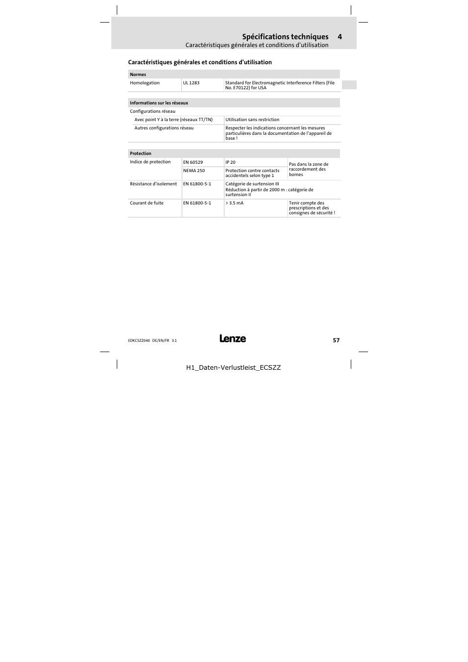 4 spécifications techniques, Spécifications techniques | Lenze ECSZZxxxxxx User Manual | Page 57 / 68