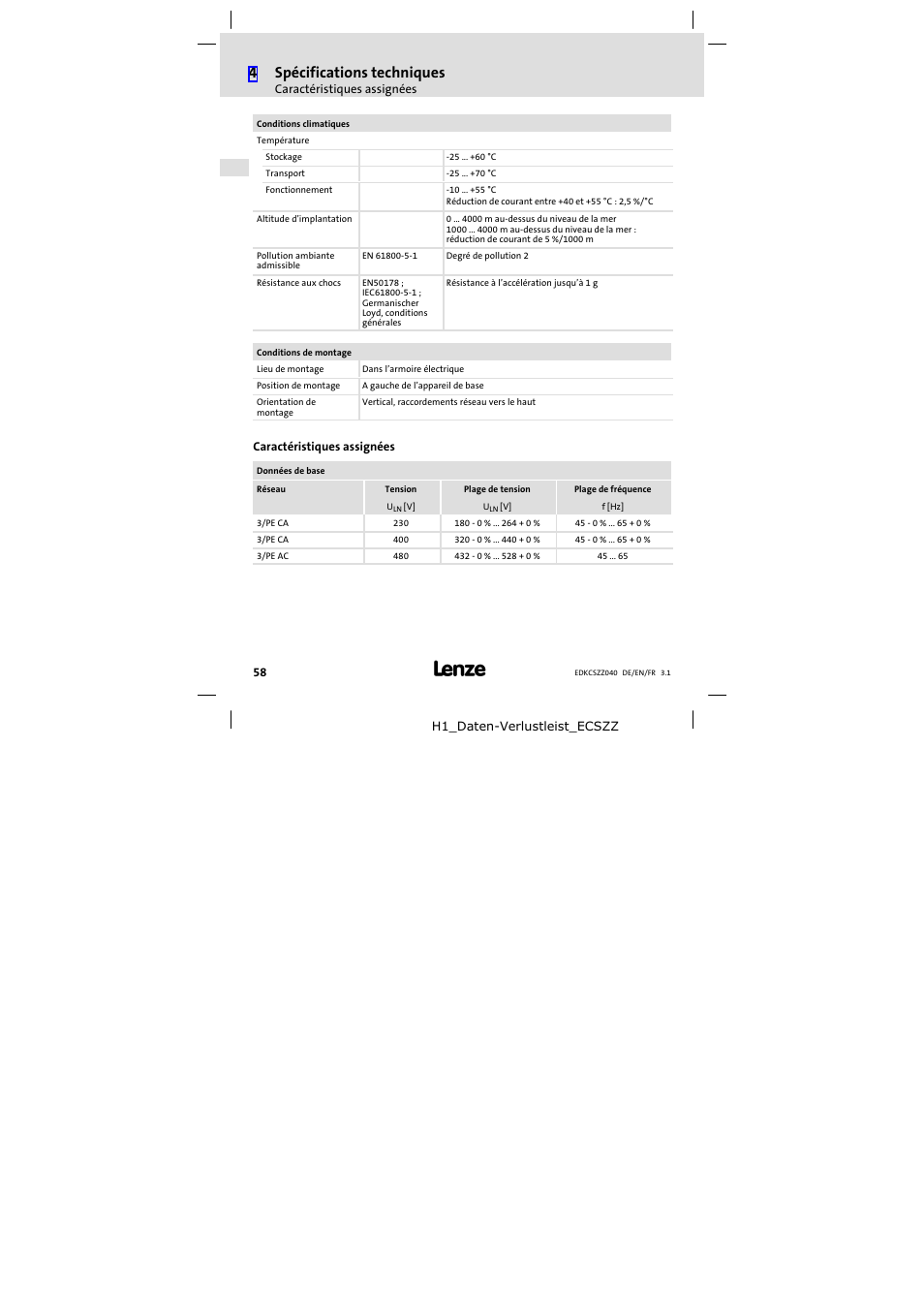 Caractéristiques assignées, 4spécifications techniques | Lenze ECSZZxxxxxx User Manual | Page 58 / 68