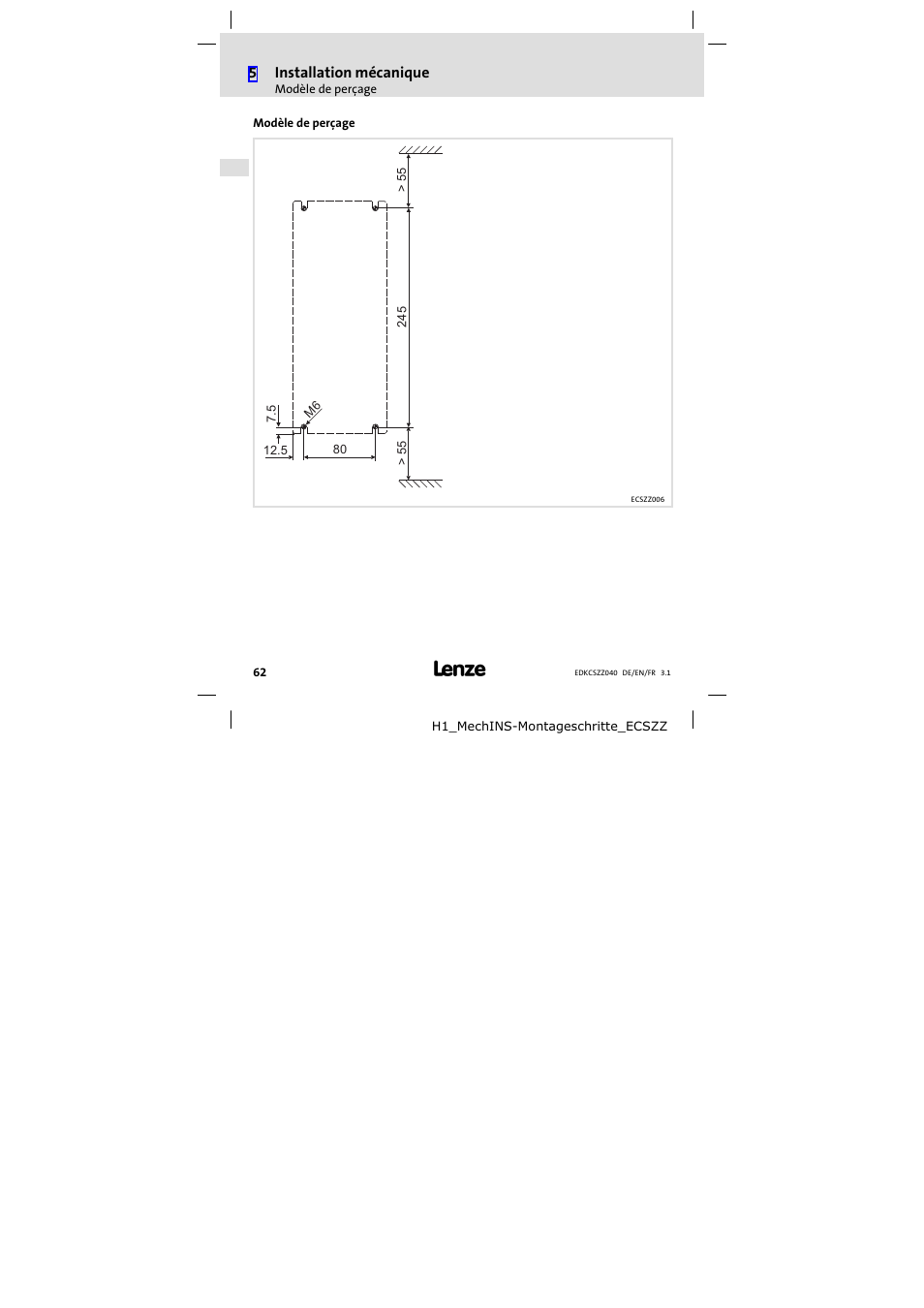 Modèle de perçage | Lenze ECSZZxxxxxx User Manual | Page 62 / 68