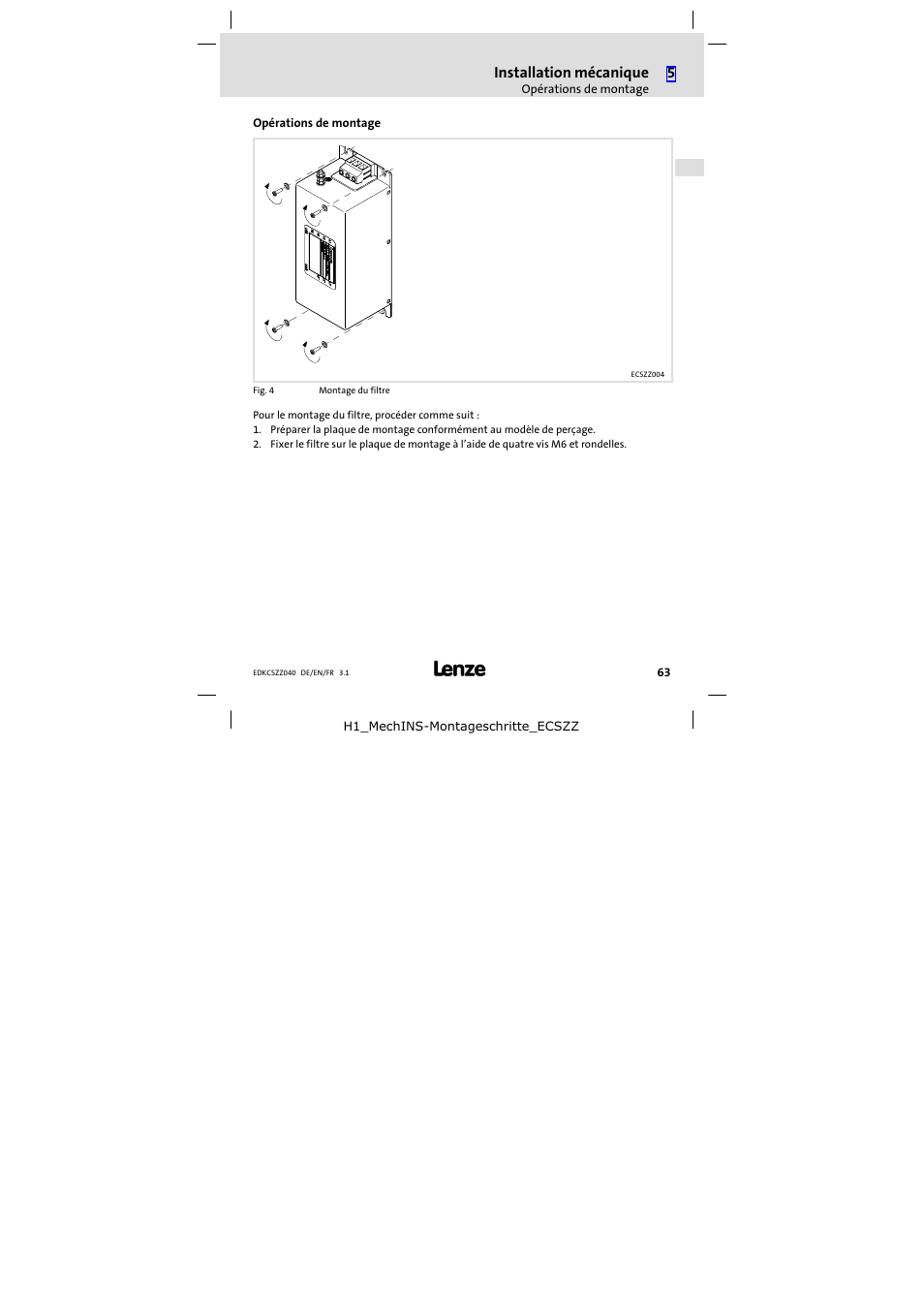 Opérations de montage | Lenze ECSZZxxxxxx User Manual | Page 63 / 68