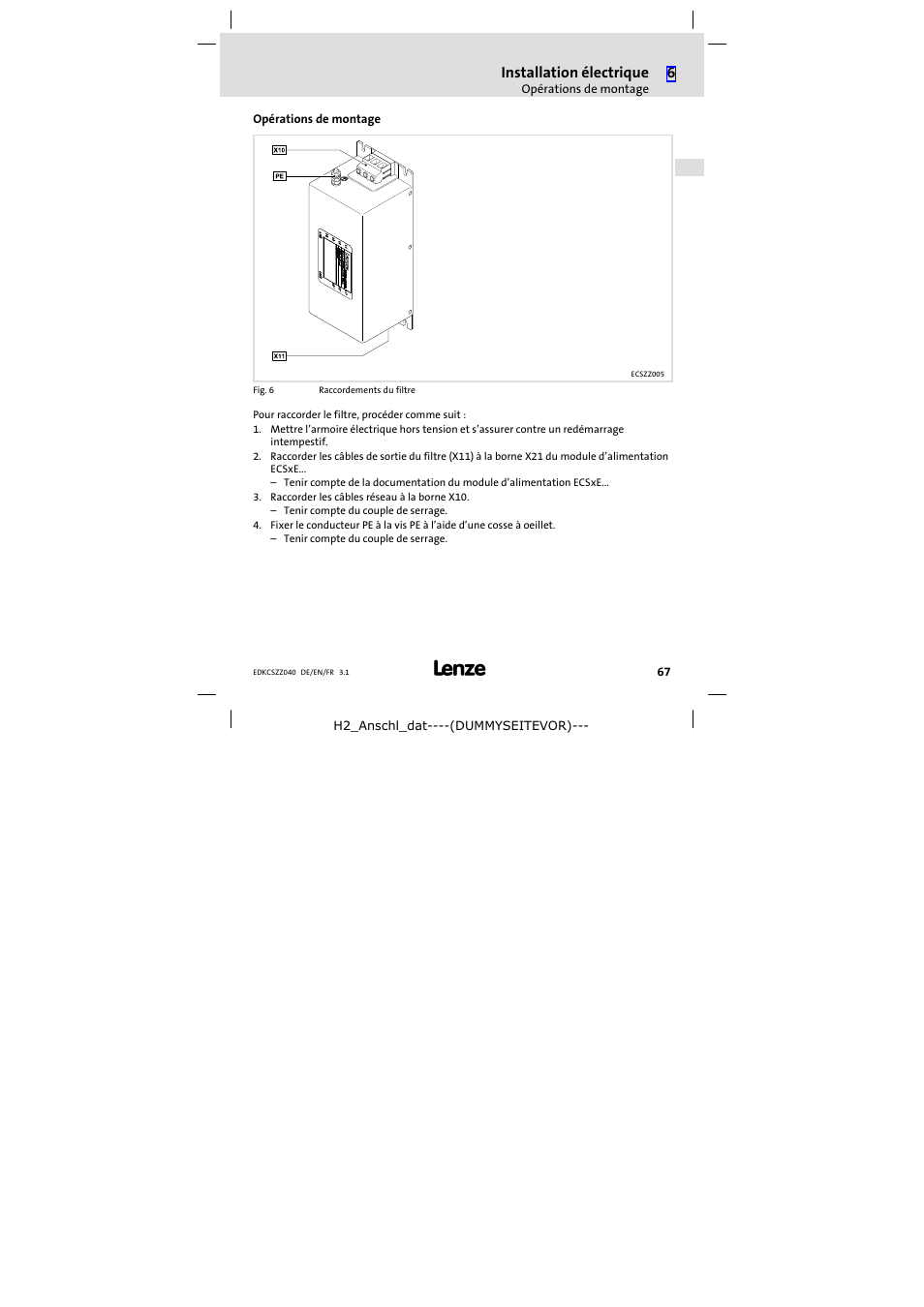 Opérations de montage, Installation électrique | Lenze ECSZZxxxxxx User Manual | Page 67 / 68
