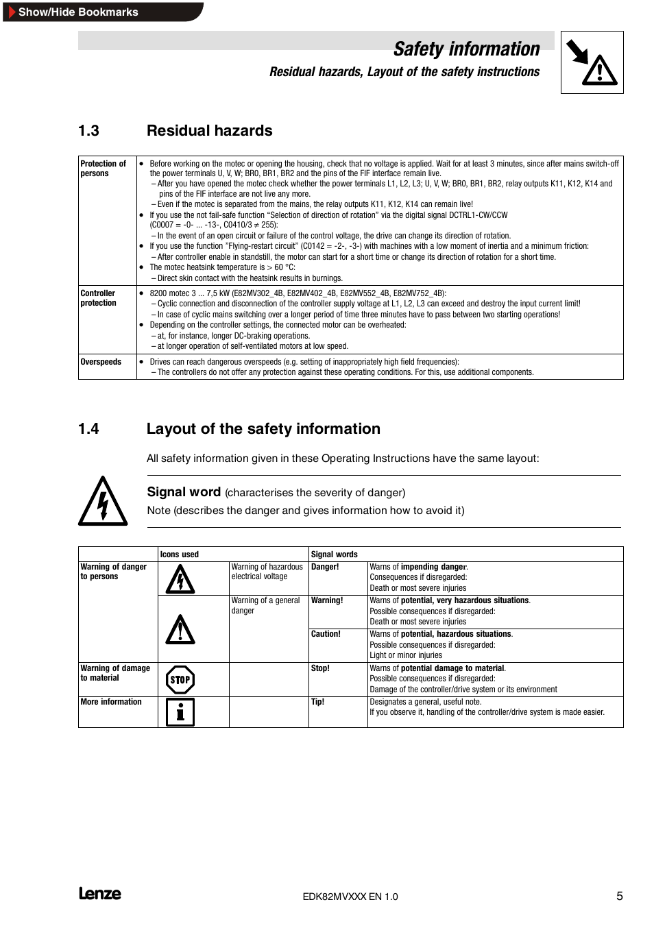 3 residual hazards, 4 layout of the safety information, Safety information | Signal word | Lenze EDK82MVXXX User Manual | Page 5 / 16