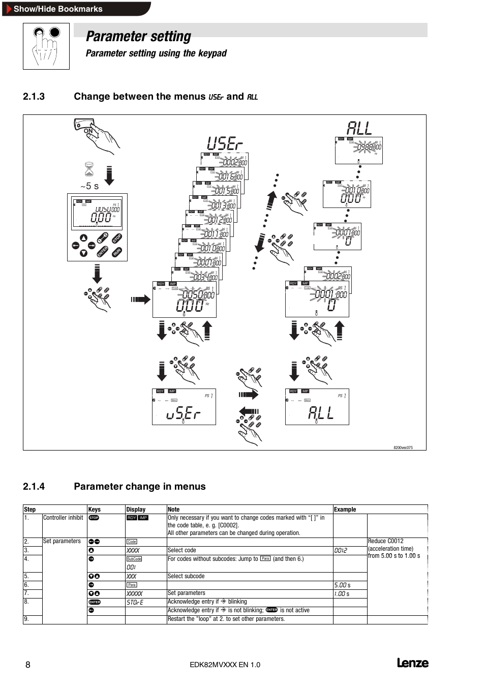 3 change between the menus "user" and "all, 4 parameter change in menus, User | Su er, Parameter setting, Z y w x, Parameter setting using the keypad, 3 change between the menus, Vt u s, Show/hide bookmarks | Lenze EDK82MVXXX User Manual | Page 8 / 16