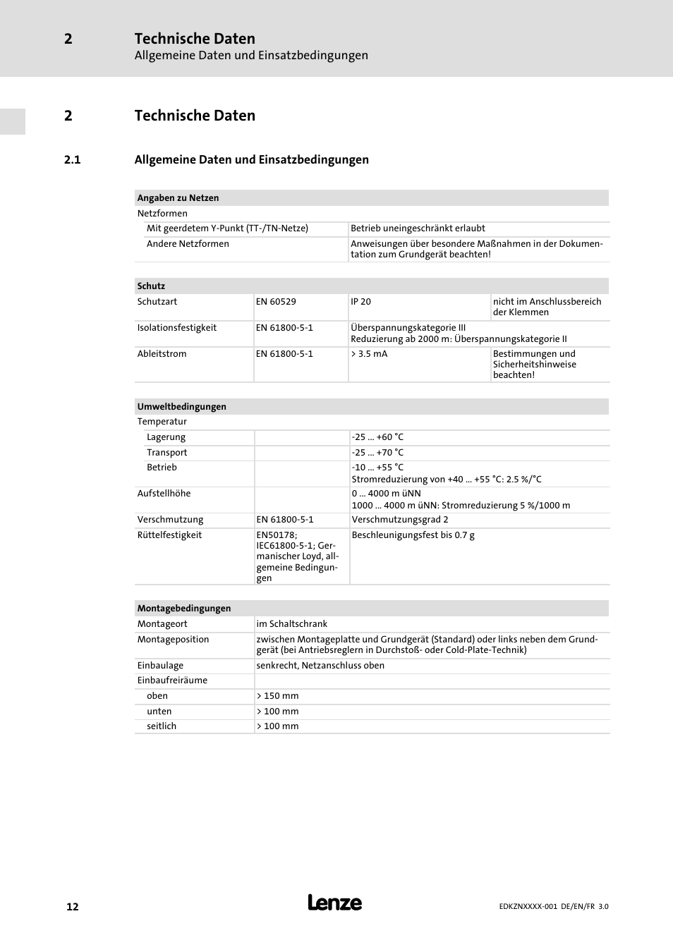 2 technische daten, 1 allgemeine daten und einsatzbedingungen, Technische daten | Allgemeine daten und einsatzbedingungen, 2technische daten | Lenze EZN3x0015H230 User Manual | Page 12 / 64