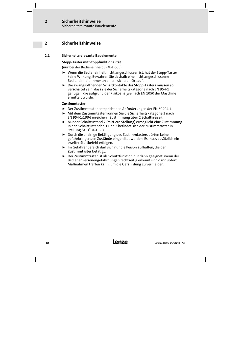 Sicherheitshinweise, Sicherheitsrelevante bauelemente | Lenze EPM−H606 User Manual | Page 10 / 170