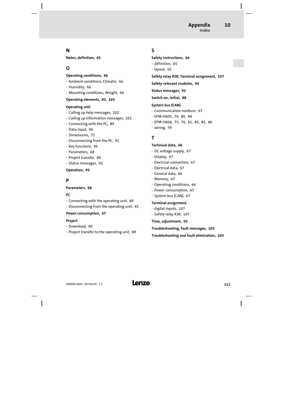 Appendix | Lenze EPM−H606 User Manual | Page 111 / 170