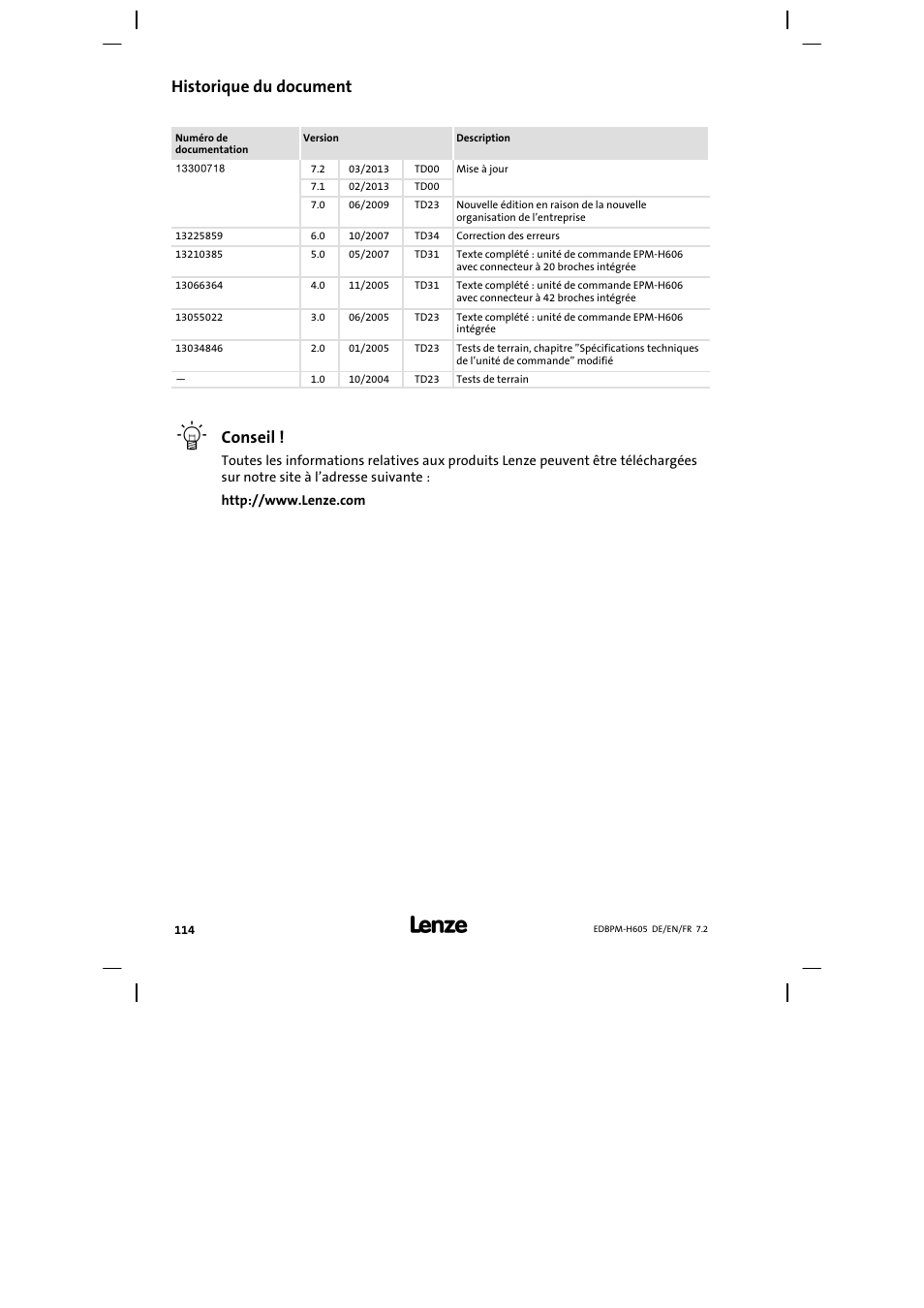 Historique du document, Conseil | Lenze EPM−H606 User Manual | Page 114 / 170