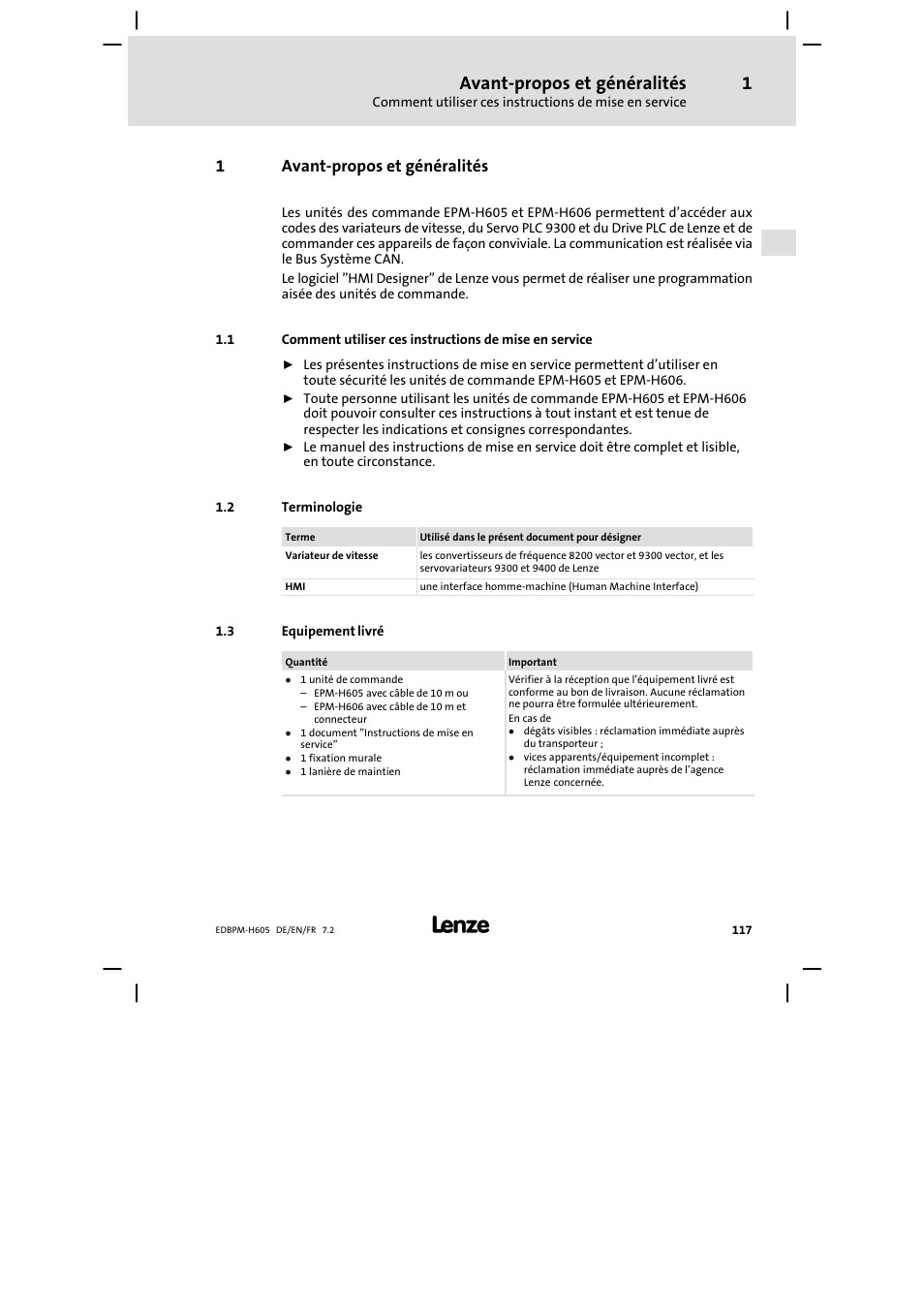 Avant-propos et généralités, Terminologie, Equipement livré | Avant−propos et généralités, 1avant−propos et généralités | Lenze EPM−H606 User Manual | Page 117 / 170