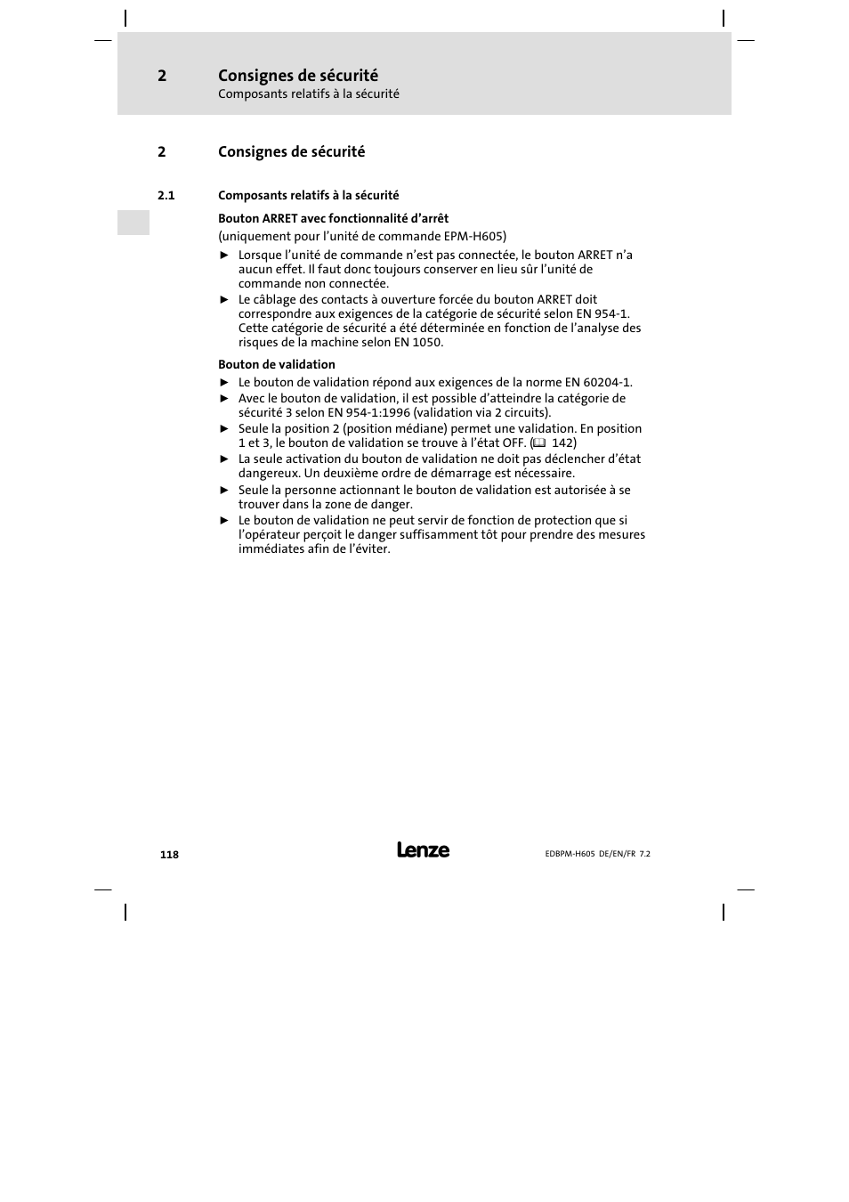 Consignes de sécurité, Composants relatifs à la sécurité | Lenze EPM−H606 User Manual | Page 118 / 170