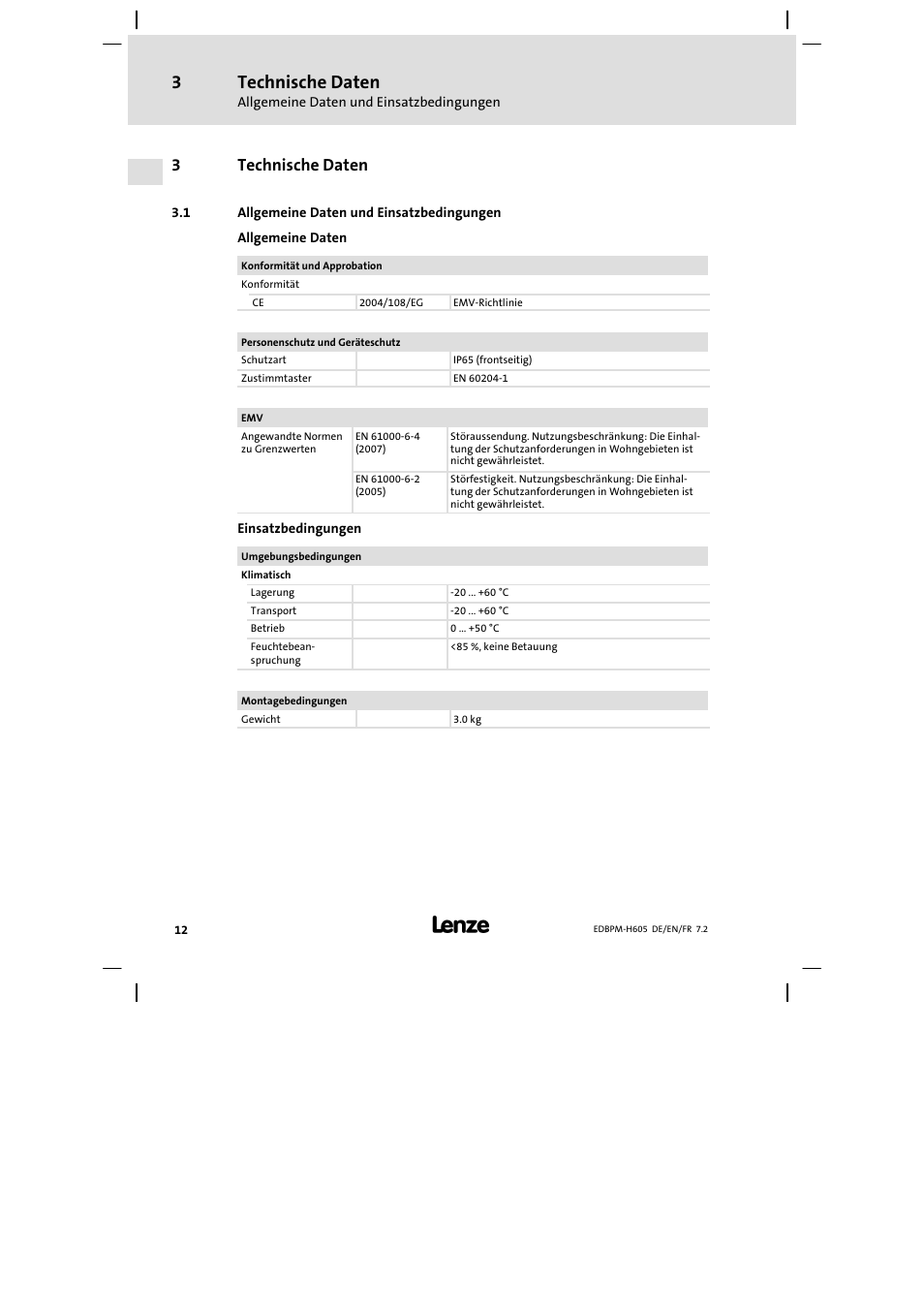 Technische daten, Allgemeine daten und einsatzbedingungen, 3technische daten | Lenze EPM−H606 User Manual | Page 12 / 170
