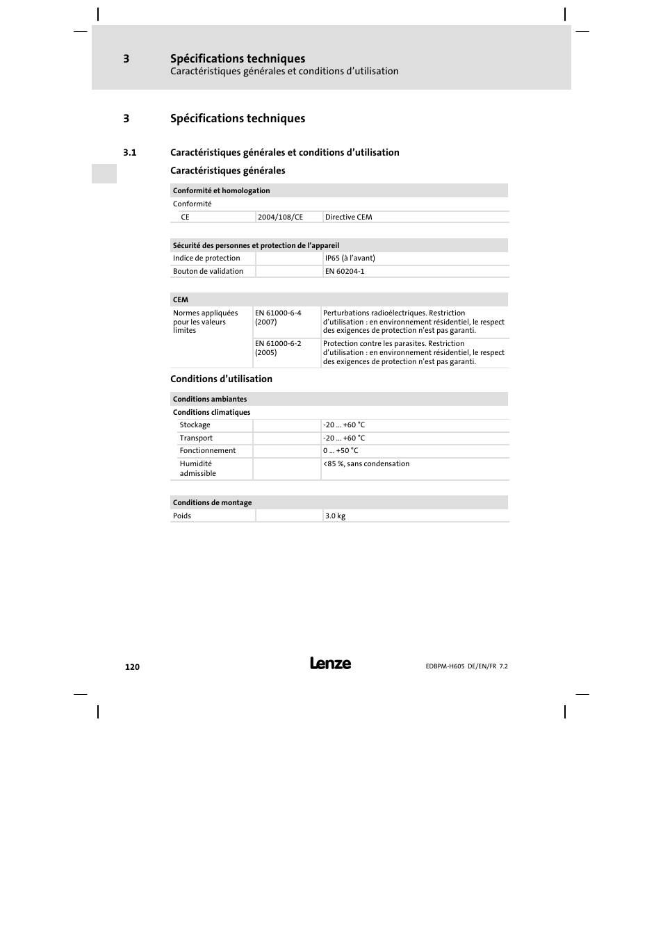 Spécifications techniques, 3spécifications techniques | Lenze EPM−H606 User Manual | Page 120 / 170