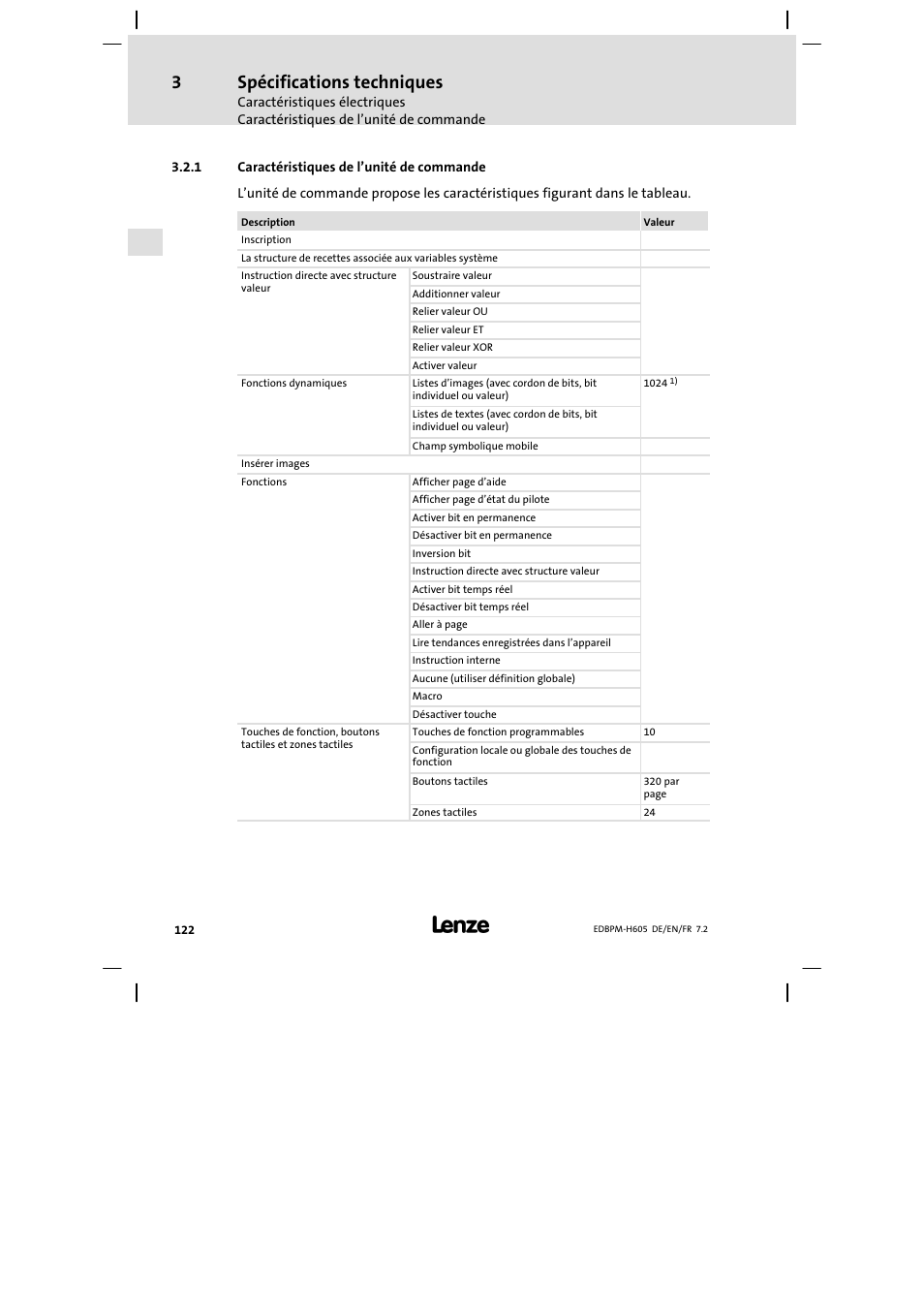 Caractéristiques de l'unité de commande, Caractéristiques de l’unité de commande, Spécifications techniques | Lenze EPM−H606 User Manual | Page 122 / 170