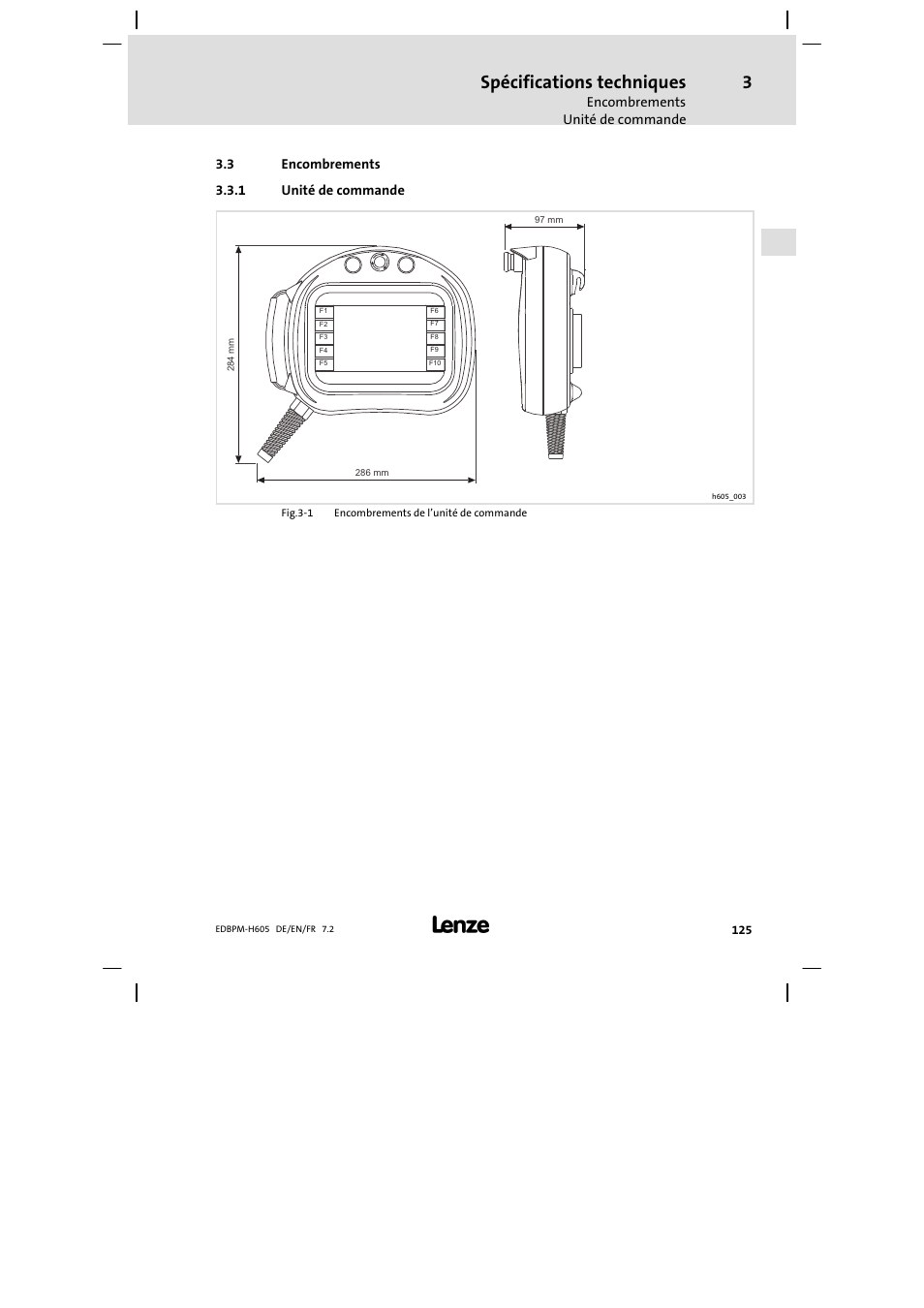 Encombrements, Unité de commande, Spécifications techniques | Lenze EPM−H606 User Manual | Page 125 / 170