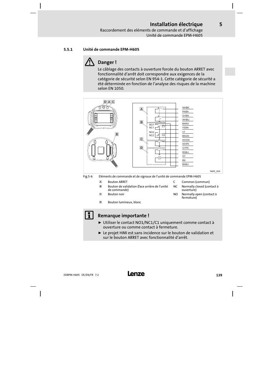Unité de commande epm-h605, Unité de commande epm−h605, Installation électrique | Danger, Remarque importante | Lenze EPM−H606 User Manual | Page 139 / 170
