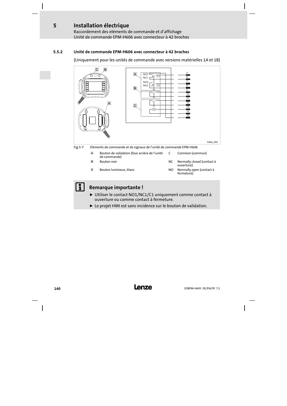 Installation électrique, Remarque importante | Lenze EPM−H606 User Manual | Page 140 / 170