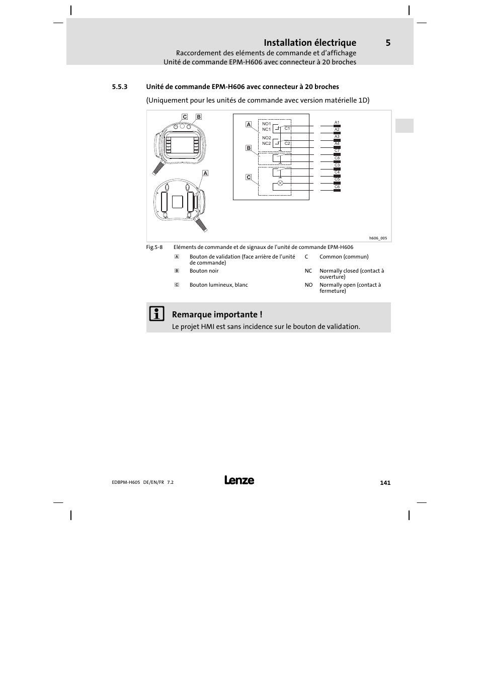 Installation électrique, Remarque importante | Lenze EPM−H606 User Manual | Page 141 / 170