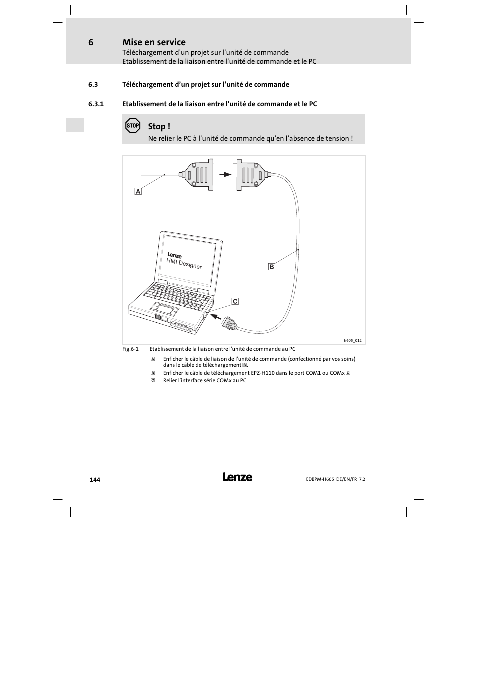 Téléchargement d'un projet sur l'unité de commande, Téléchargement d’un projet sur l’unité de commande, Mise en service | Lenze EPM−H606 User Manual | Page 144 / 170