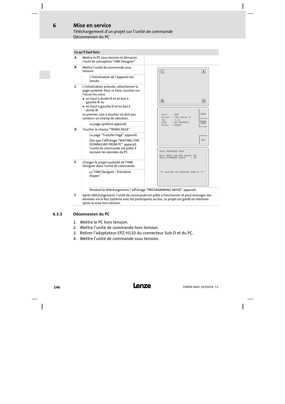 Déconnexion du pc, Mise en service | Lenze EPM−H606 User Manual | Page 146 / 170