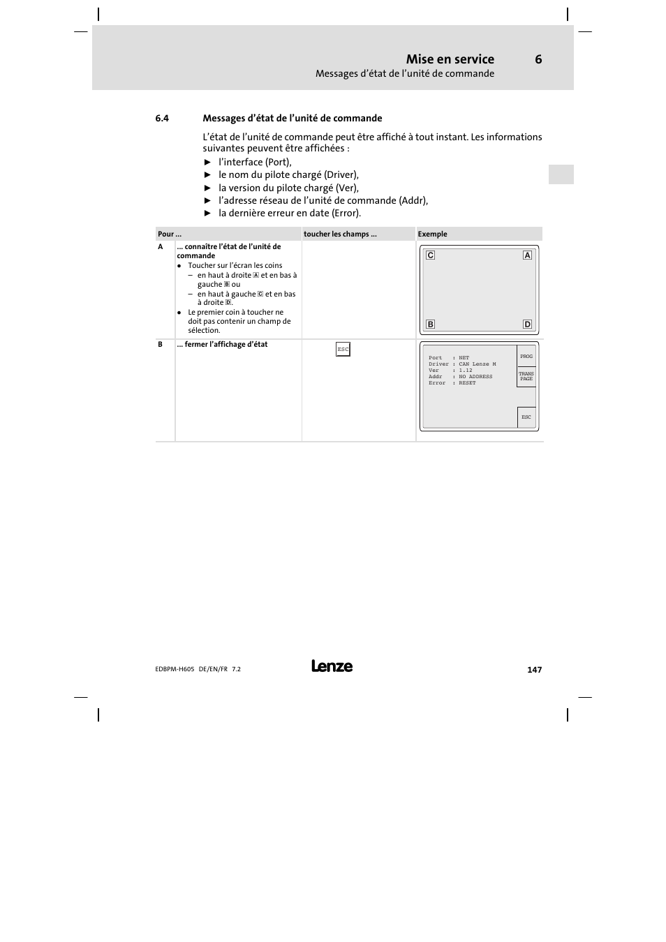 Messages d'état de l'unité de commande, Messages d’état de l’unité de commande, Mise en service | Lenze EPM−H606 User Manual | Page 147 / 170