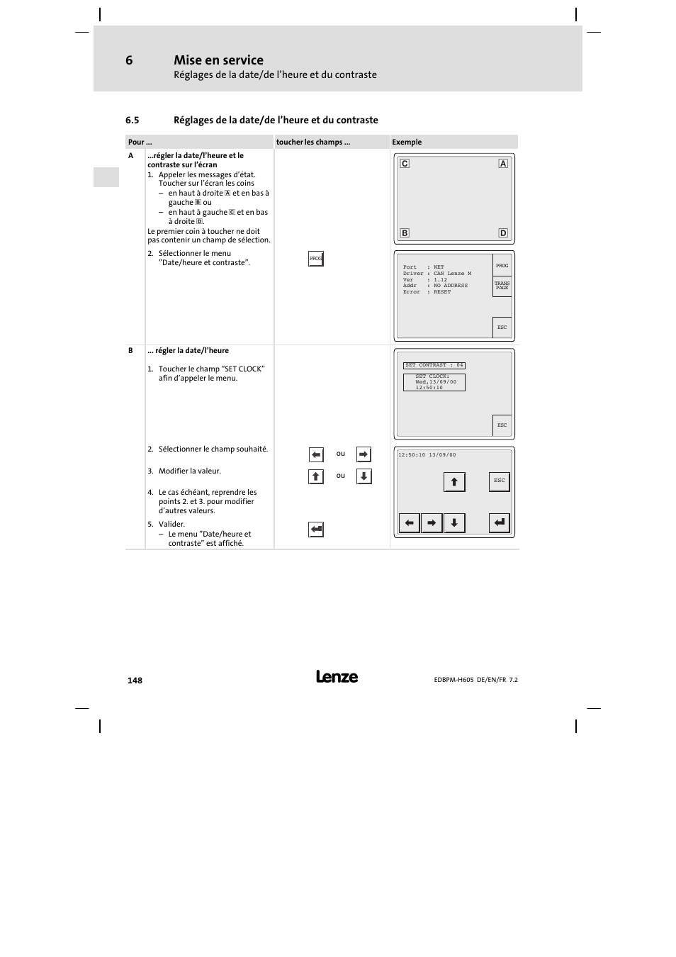 Réglages de la date/de l'heure et du contraste, Réglages de la date/de l’heure et du contraste, Mise en service | Lenze EPM−H606 User Manual | Page 148 / 170