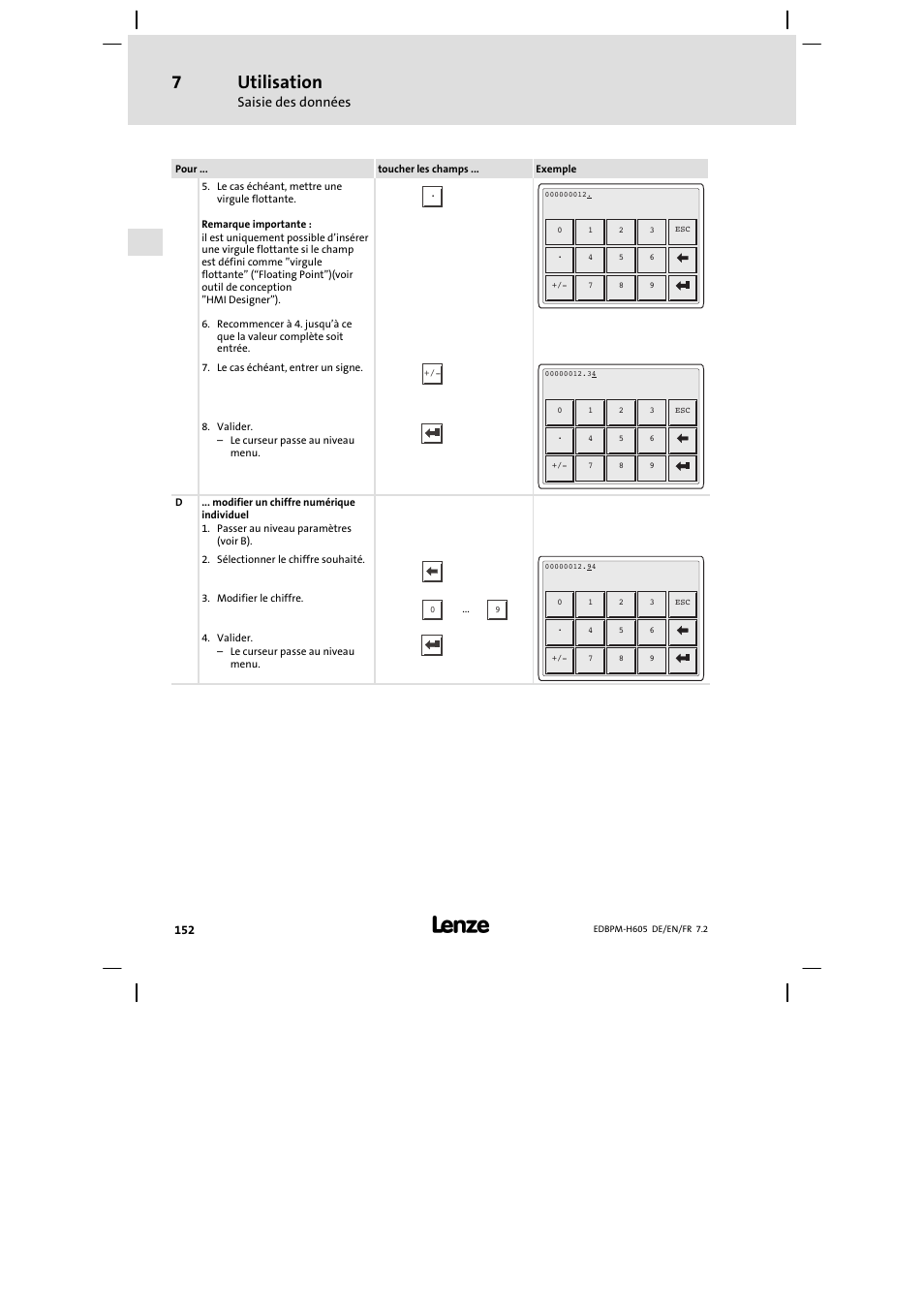 Utilisation, Saisie des données | Lenze EPM−H606 User Manual | Page 152 / 170