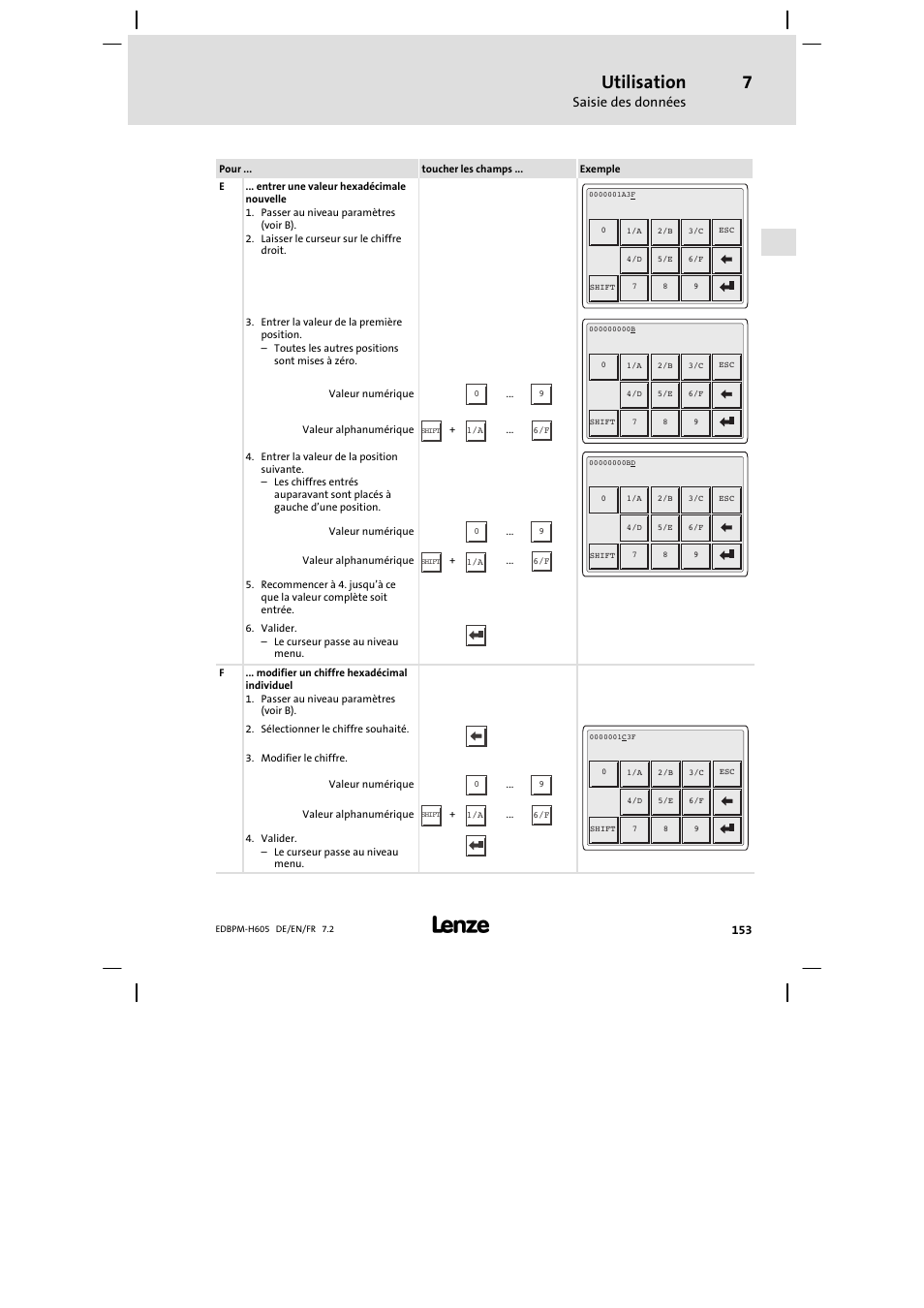 Utilisation, Saisie des données | Lenze EPM−H606 User Manual | Page 153 / 170