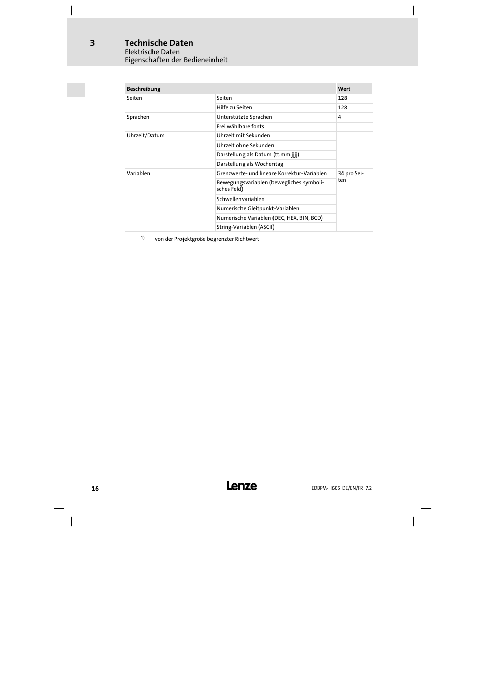 Technische daten | Lenze EPM−H606 User Manual | Page 16 / 170