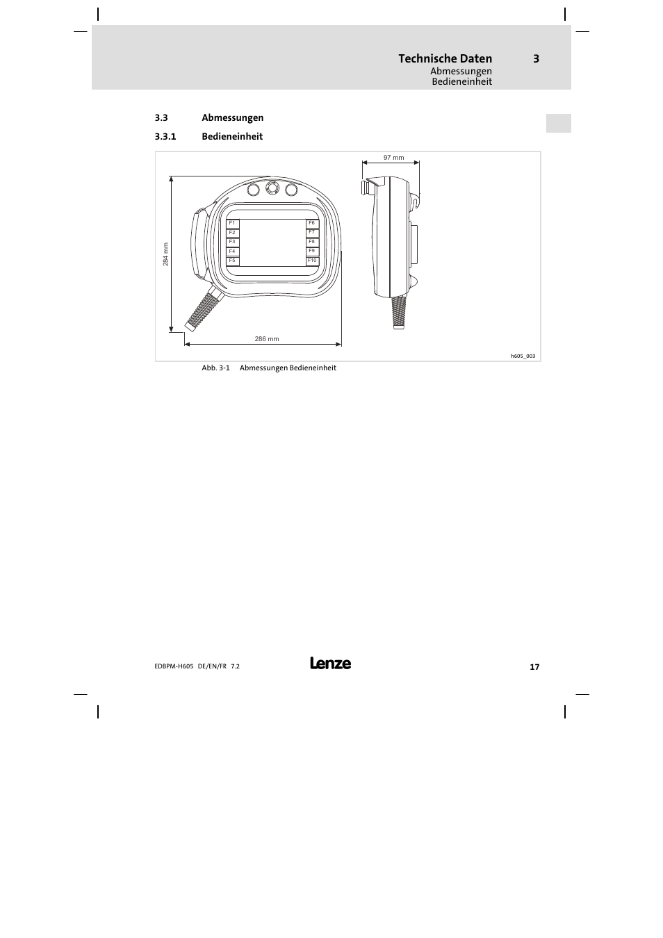 Abmessungen, Bedieneinheit, Technische daten | Lenze EPM−H606 User Manual | Page 17 / 170