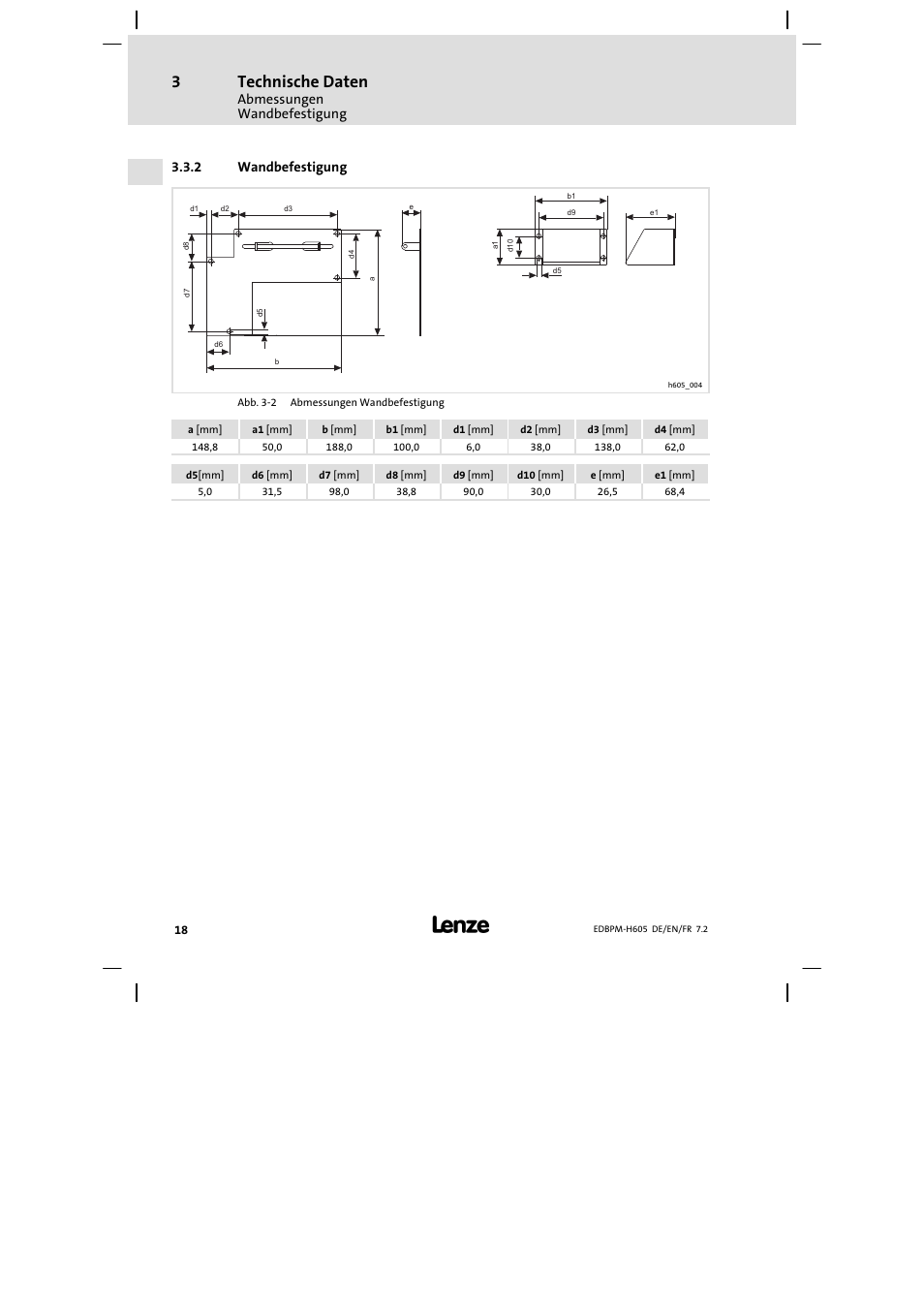 Wandbefestigung, Technische daten | Lenze EPM−H606 User Manual | Page 18 / 170