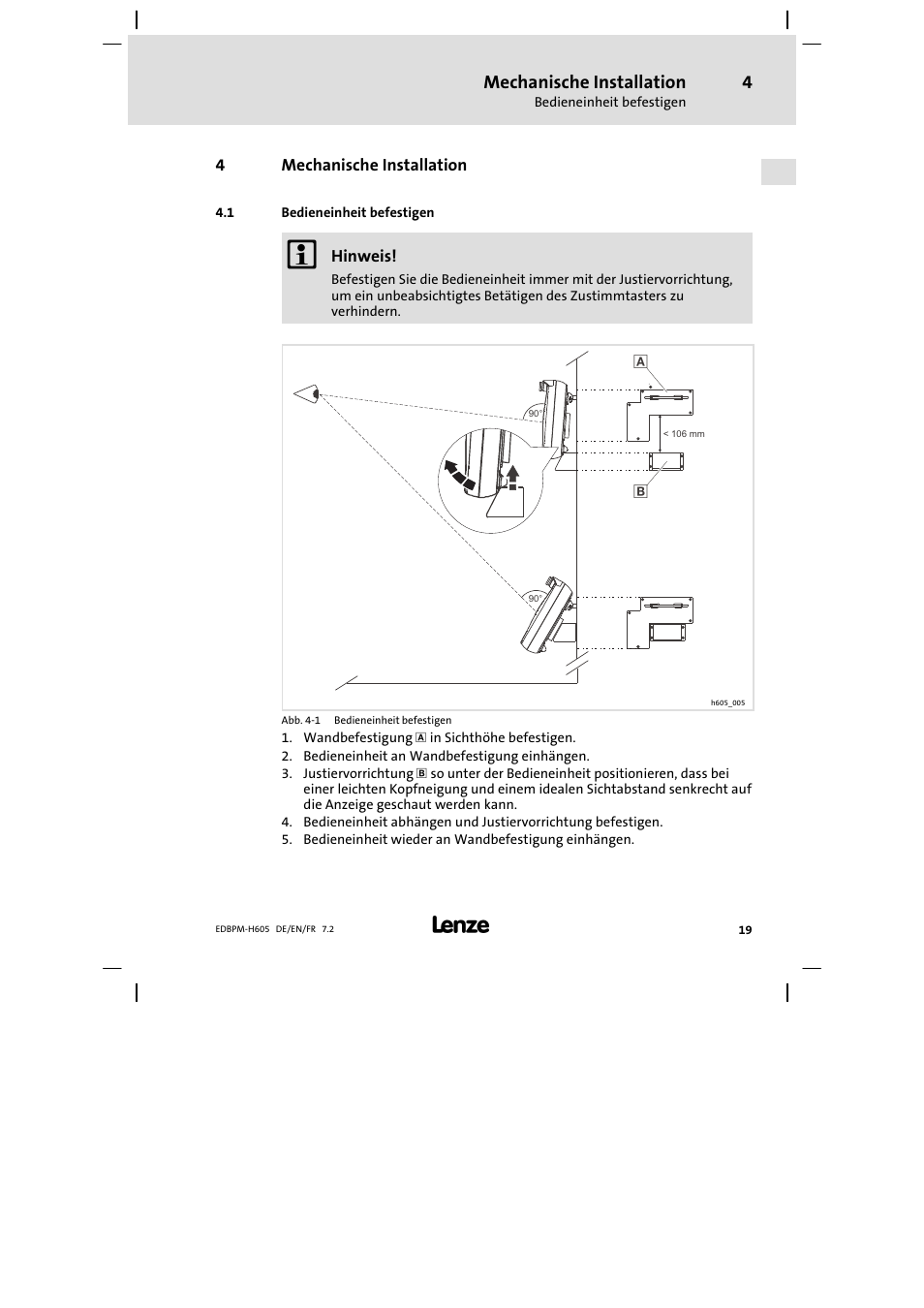 Mechanische installation, Bedieneinheit befestigen | Lenze EPM−H606 User Manual | Page 19 / 170