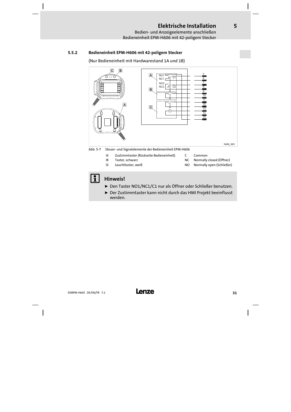 Bedieneinheit epm-h606 mit 42-poligem stecker, Bedieneinheit epm−h606 mit 42−poligem stecker, Elektrische installation | Hinweis | Lenze EPM−H606 User Manual | Page 31 / 170