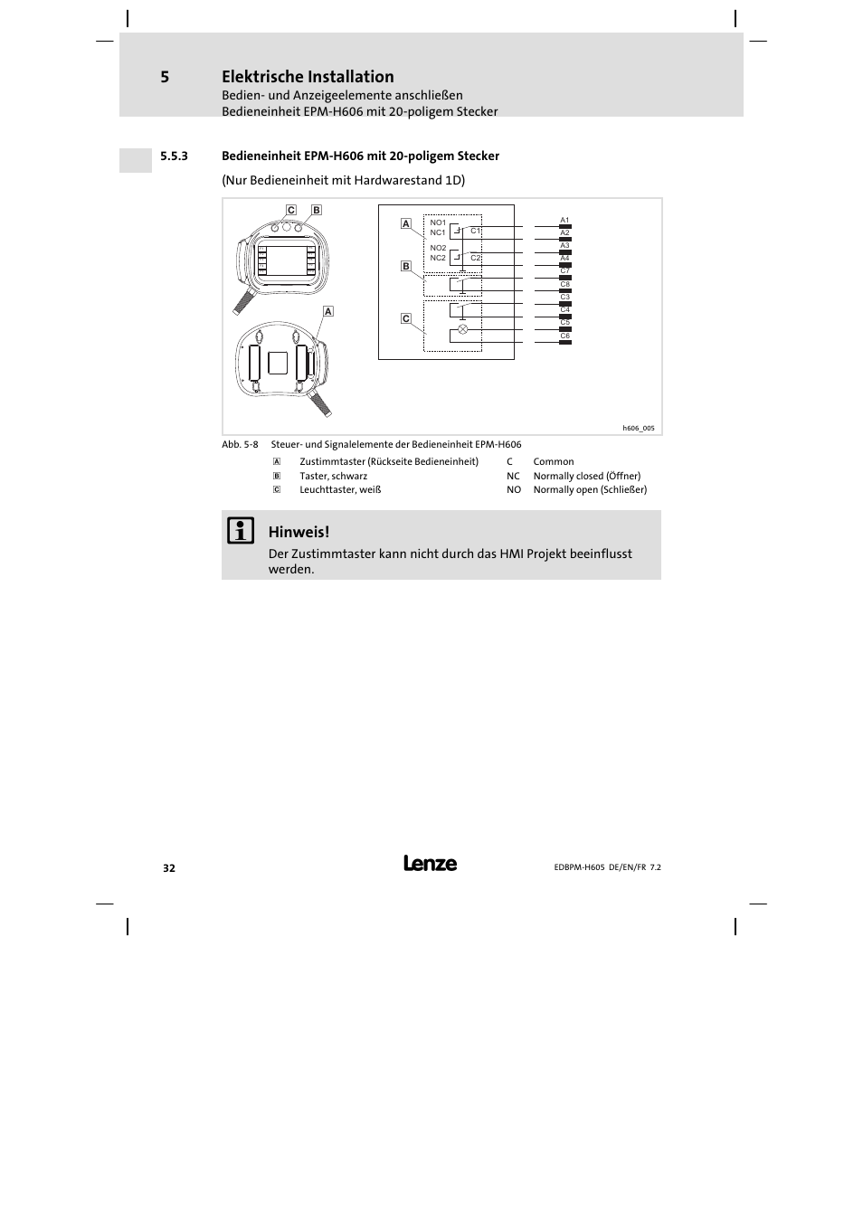 Bedieneinheit epm-h606 mit 20-poligem stecker, Bedieneinheit epm−h606 mit 20−poligem stecker, Elektrische installation | Hinweis | Lenze EPM−H606 User Manual | Page 32 / 170