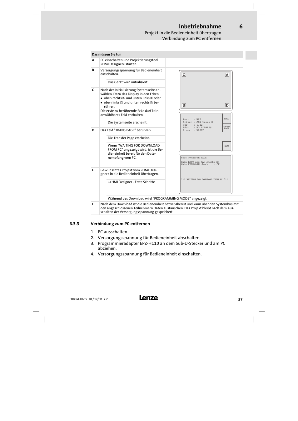 Verbindung zum pc entfernen, Inbetriebnahme | Lenze EPM−H606 User Manual | Page 37 / 170