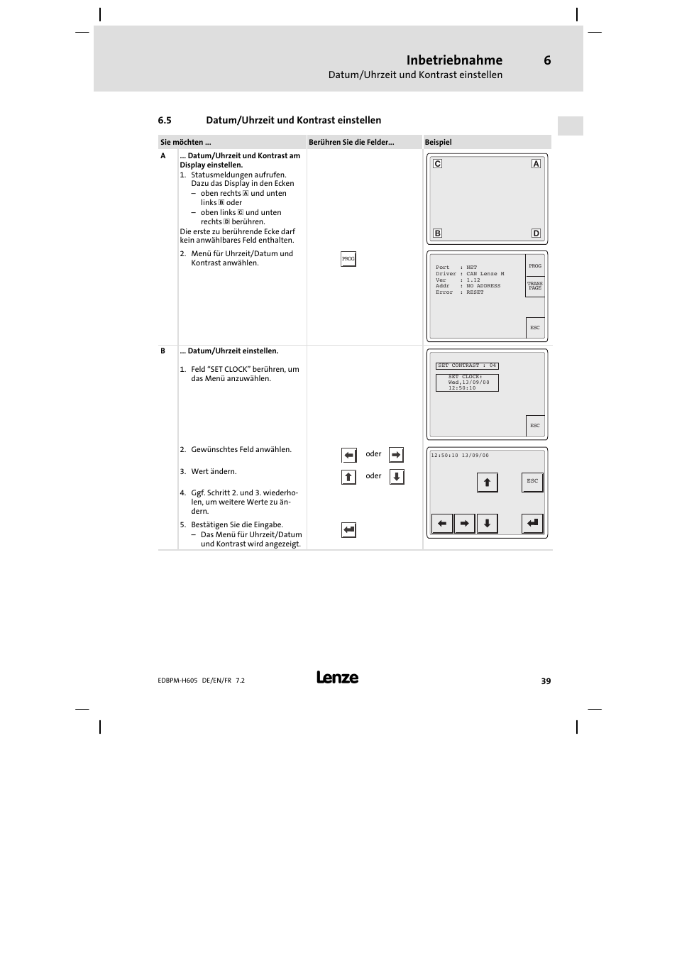Datum/uhrzeit und kontrast einstellen, Inbetriebnahme | Lenze EPM−H606 User Manual | Page 39 / 170