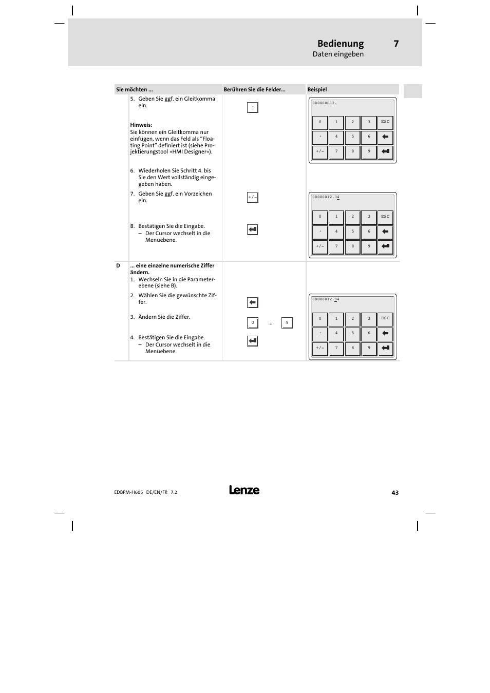 Bedienung, Daten eingeben | Lenze EPM−H606 User Manual | Page 43 / 170