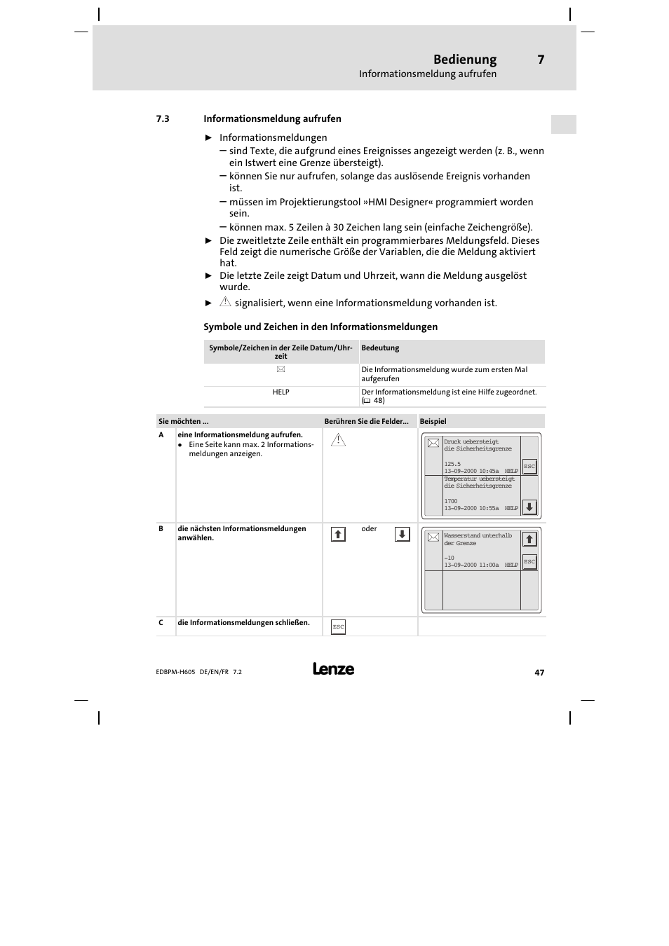 Informationsmeldung aufrufen, Bedienung | Lenze EPM−H606 User Manual | Page 47 / 170