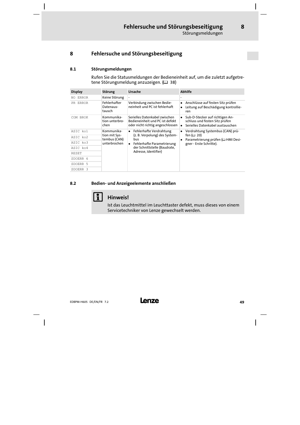 Fehlersuche und störungsbeseitigung, Störungsmeldungen, Bedien- und anzeigeelemente anschließen | Bedien− und anzeigeelemente anschließen, 8fehlersuche und störungsbeseitigung, Hinweis | Lenze EPM−H606 User Manual | Page 49 / 170